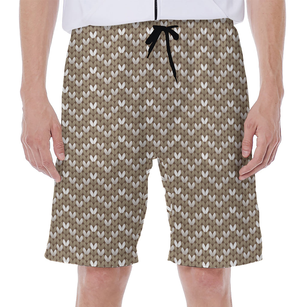 Beige And White Knitted Pattern Print Men's Beach Shorts