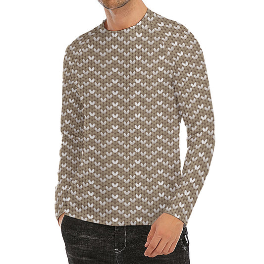 Beige And White Knitted Pattern Print Men's Long Sleeve Rash Guard