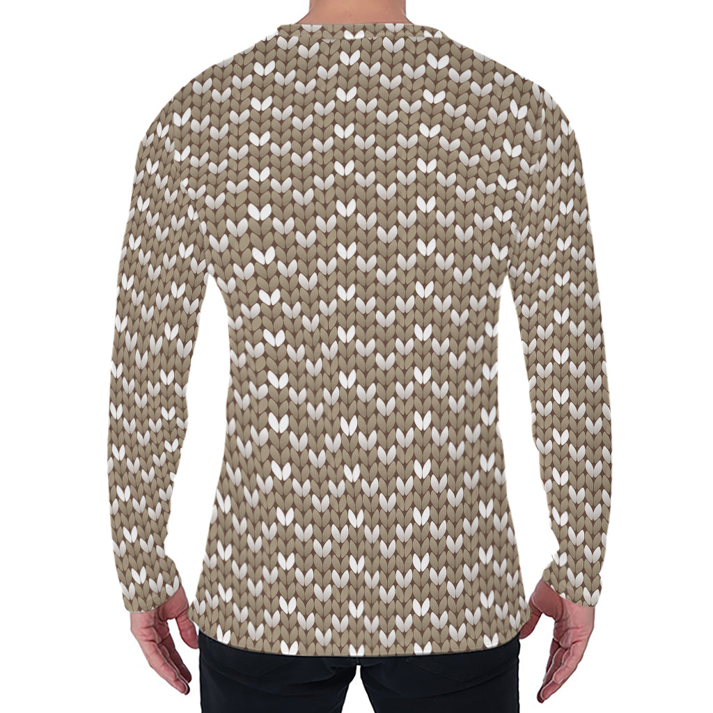 Beige And White Knitted Pattern Print Men's Long Sleeve T-Shirt