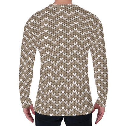 Beige And White Knitted Pattern Print Men's Long Sleeve T-Shirt