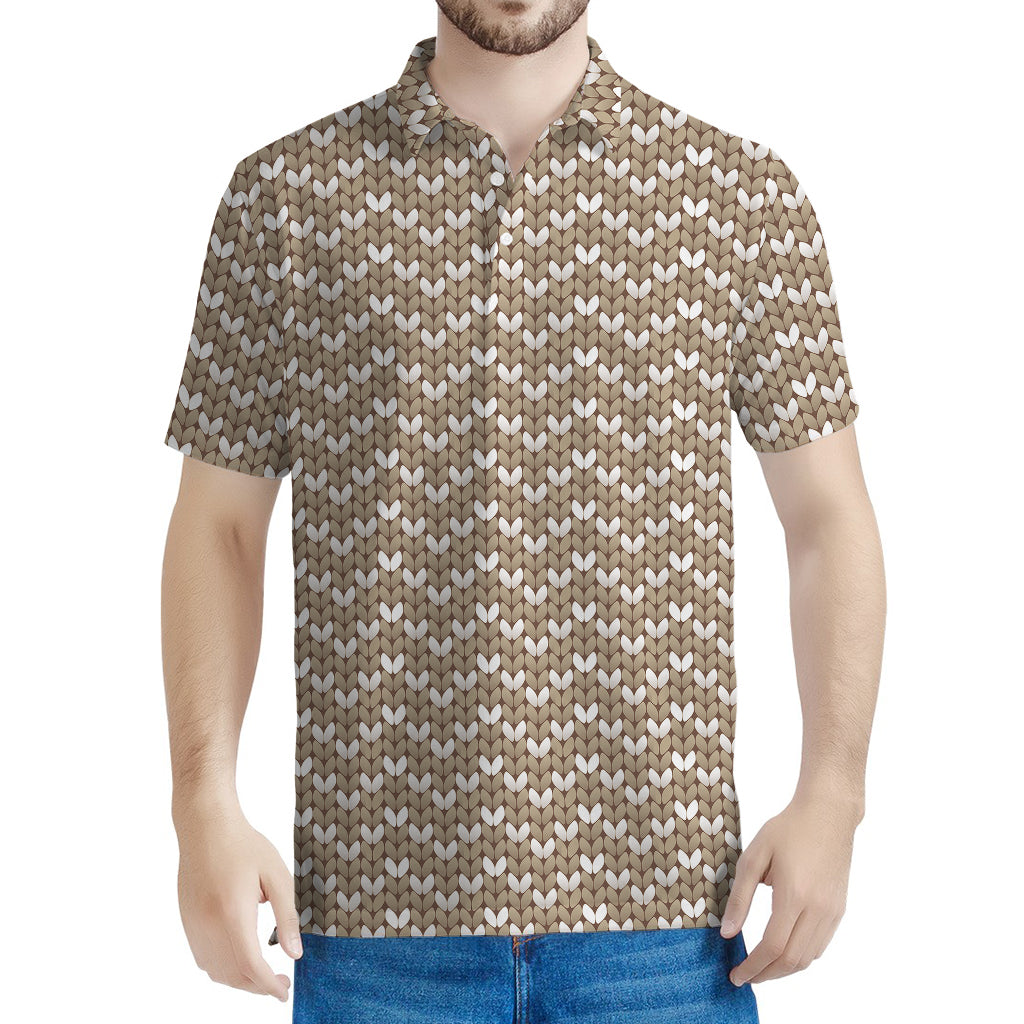 Beige And White Knitted Pattern Print Men's Polo Shirt