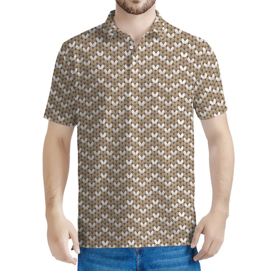 Beige And White Knitted Pattern Print Men's Polo Shirt
