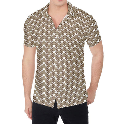 Beige And White Knitted Pattern Print Men's Shirt