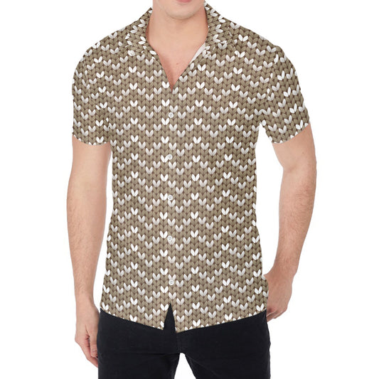 Beige And White Knitted Pattern Print Men's Shirt