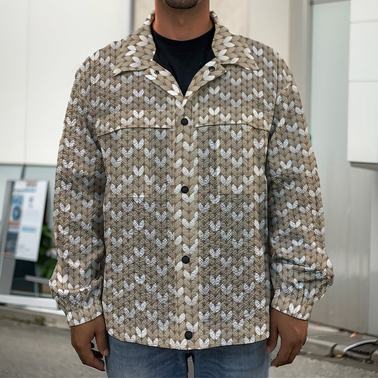 Beige And White Knitted Pattern Print Men's Shirt Jacket