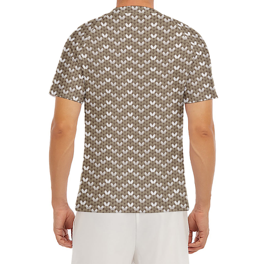 Beige And White Knitted Pattern Print Men's Short Sleeve Rash Guard