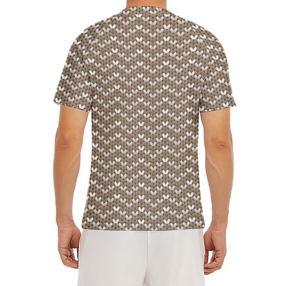 Beige And White Knitted Pattern Print Men's Short Sleeve Rash Guard