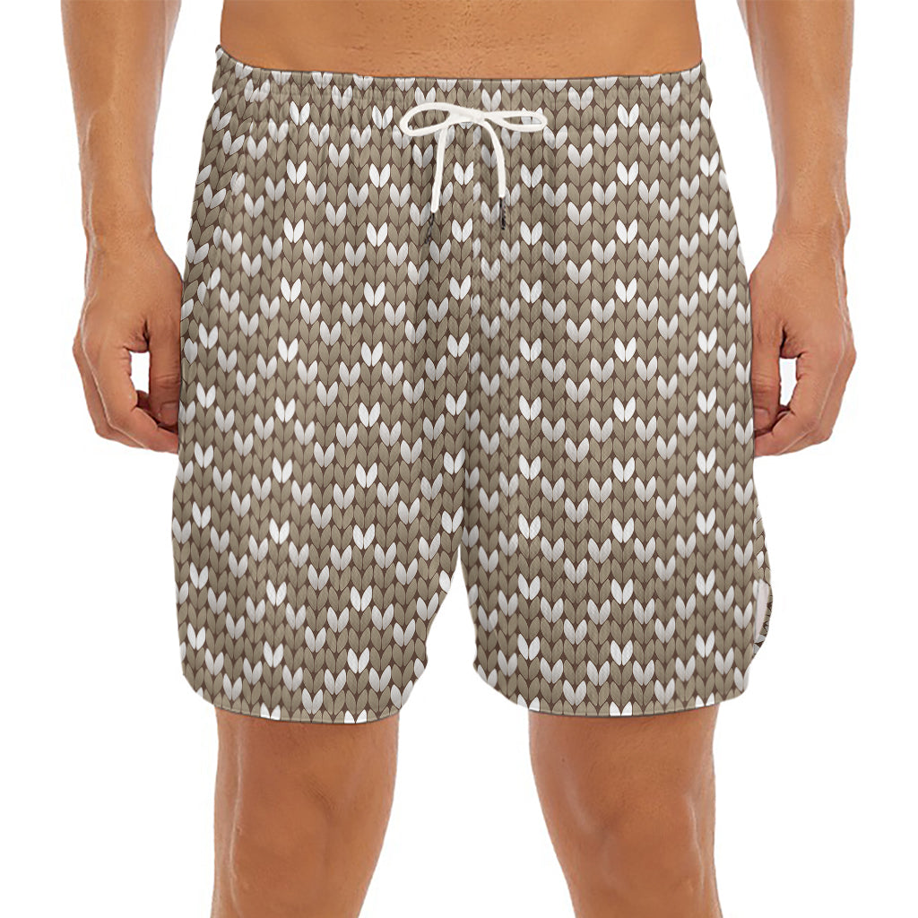 Beige And White Knitted Pattern Print Men's Split Running Shorts