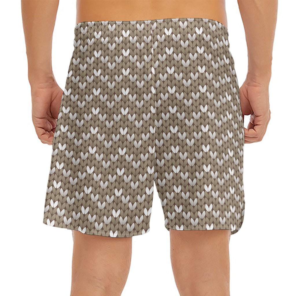 Beige And White Knitted Pattern Print Men's Split Running Shorts
