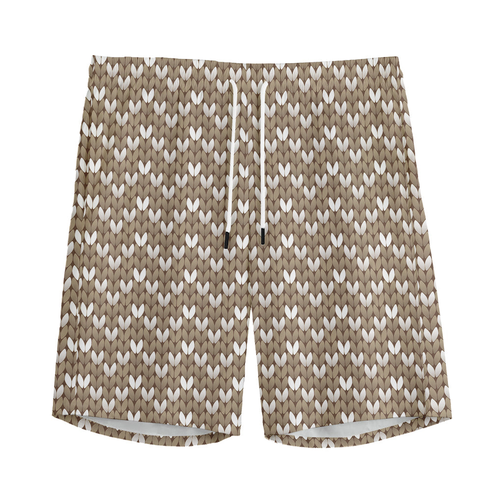 Beige And White Knitted Pattern Print Men's Sports Shorts