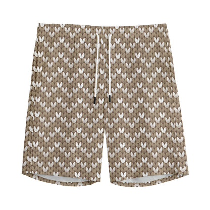 Beige And White Knitted Pattern Print Men's Sports Shorts