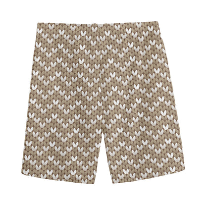 Beige And White Knitted Pattern Print Men's Sports Shorts