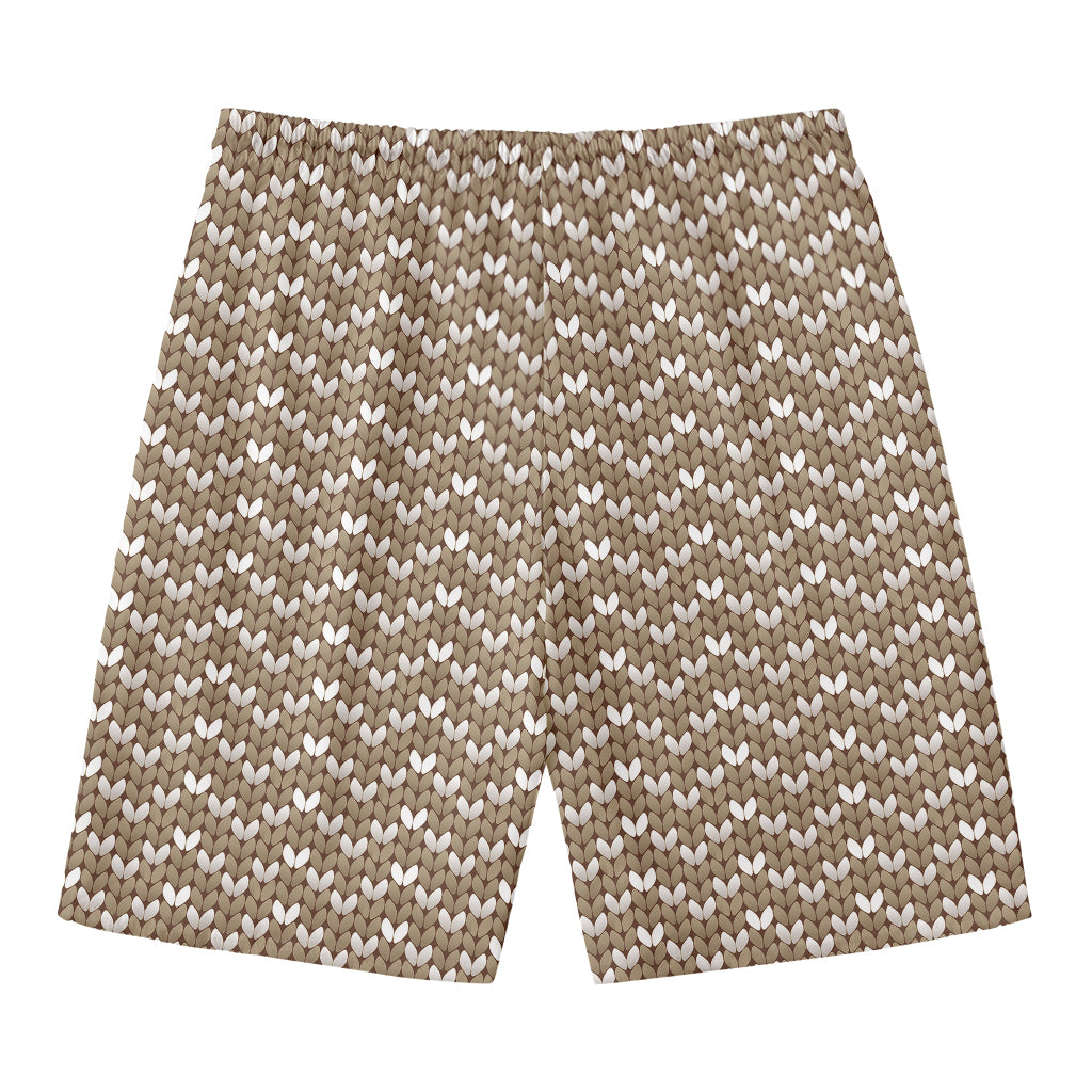 Beige And White Knitted Pattern Print Men's Swim Trunks