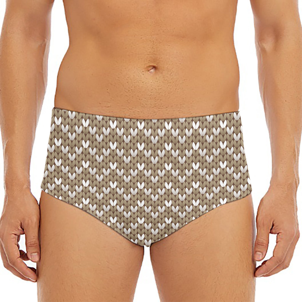 Beige And White Knitted Pattern Print Men's Triangle Swim Briefs