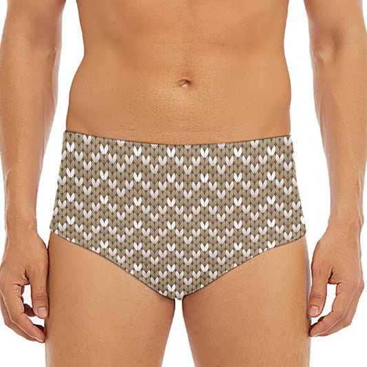 Beige And White Knitted Pattern Print Men's Triangle Swim Briefs