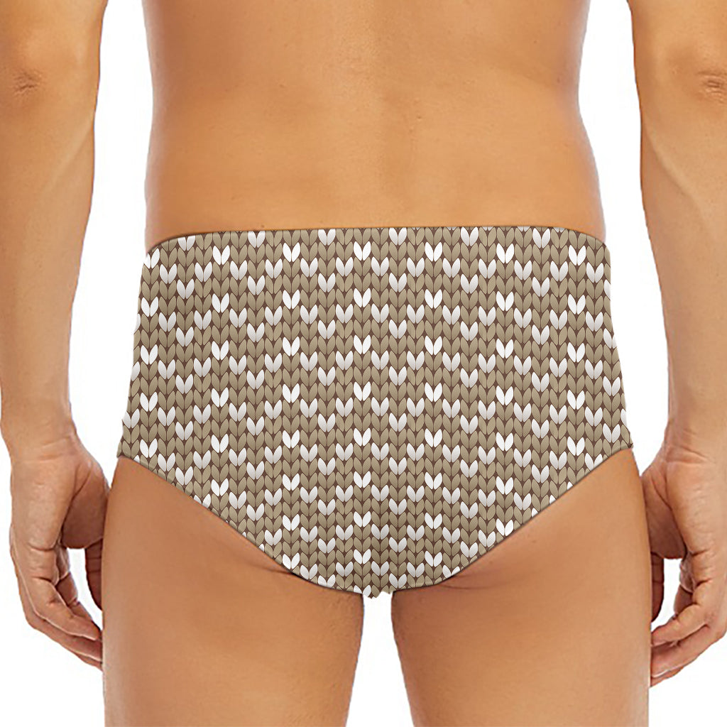 Beige And White Knitted Pattern Print Men's Triangle Swim Briefs