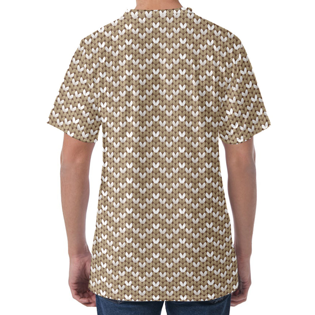 Beige And White Knitted Pattern Print Men's Velvet T-Shirt