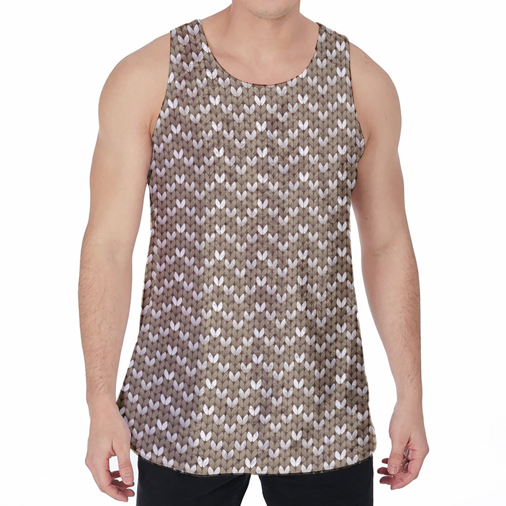 Beige And White Knitted Pattern Print Men's Velvet Tank Top