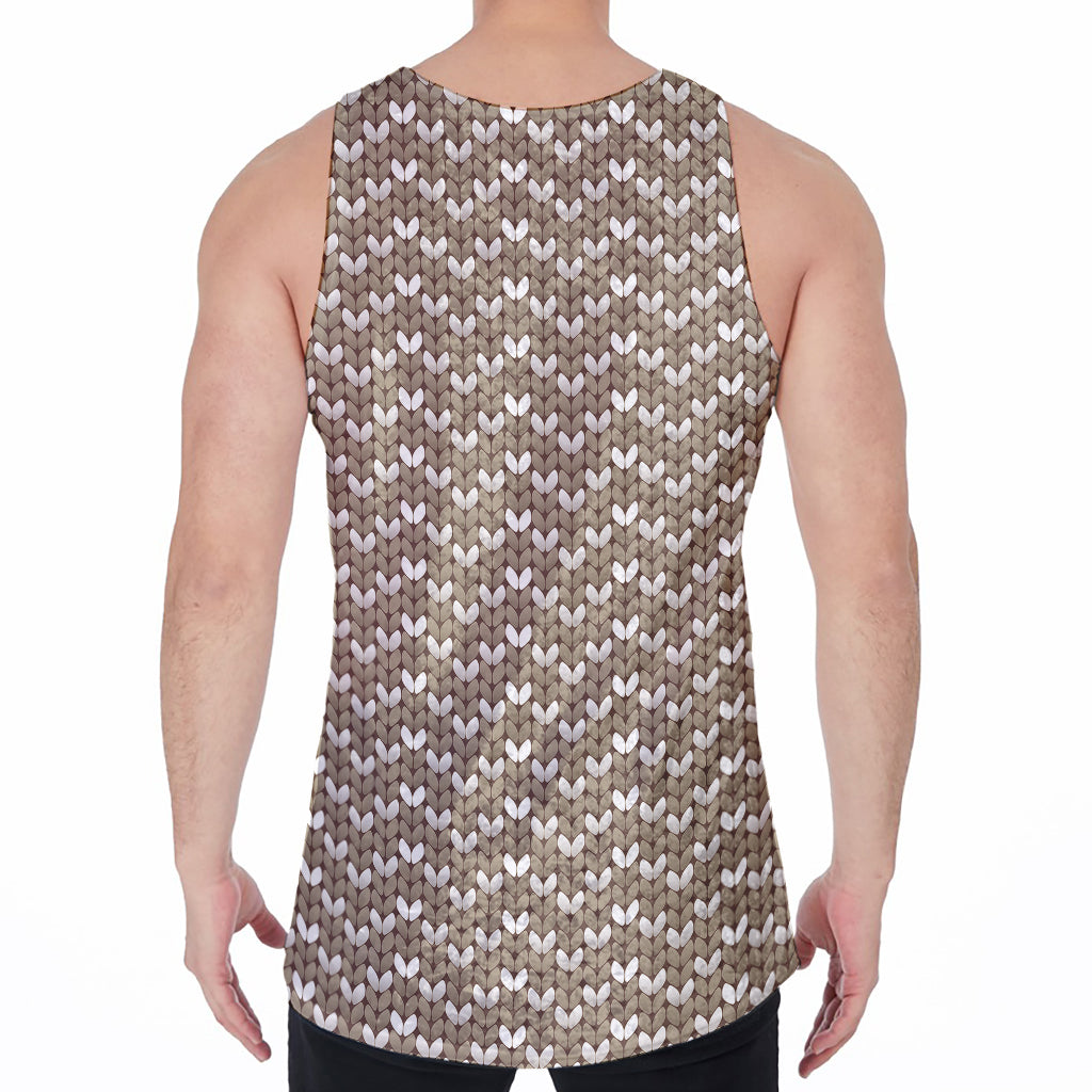 Beige And White Knitted Pattern Print Men's Velvet Tank Top