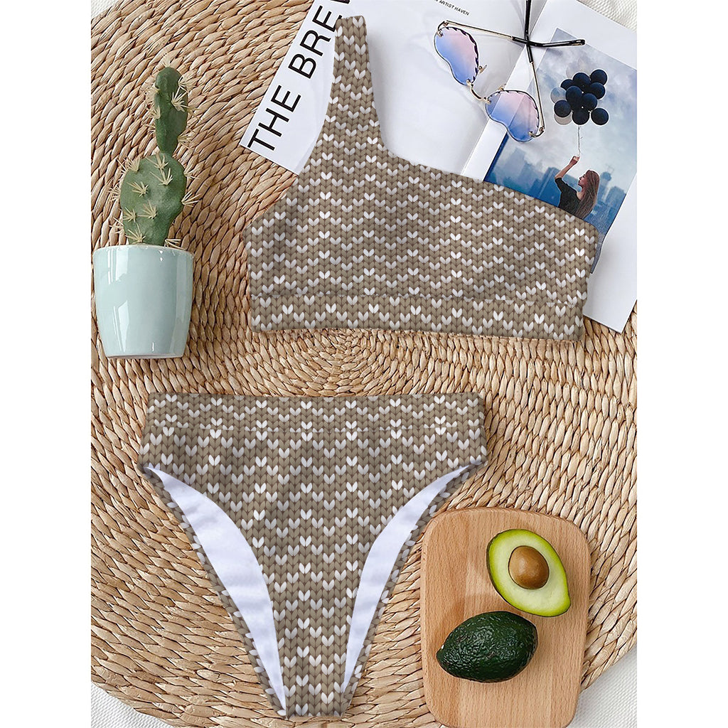 Beige And White Knitted Pattern Print One Shoulder Bikini Top