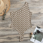 Beige And White Knitted Pattern Print One Shoulder Bodysuit
