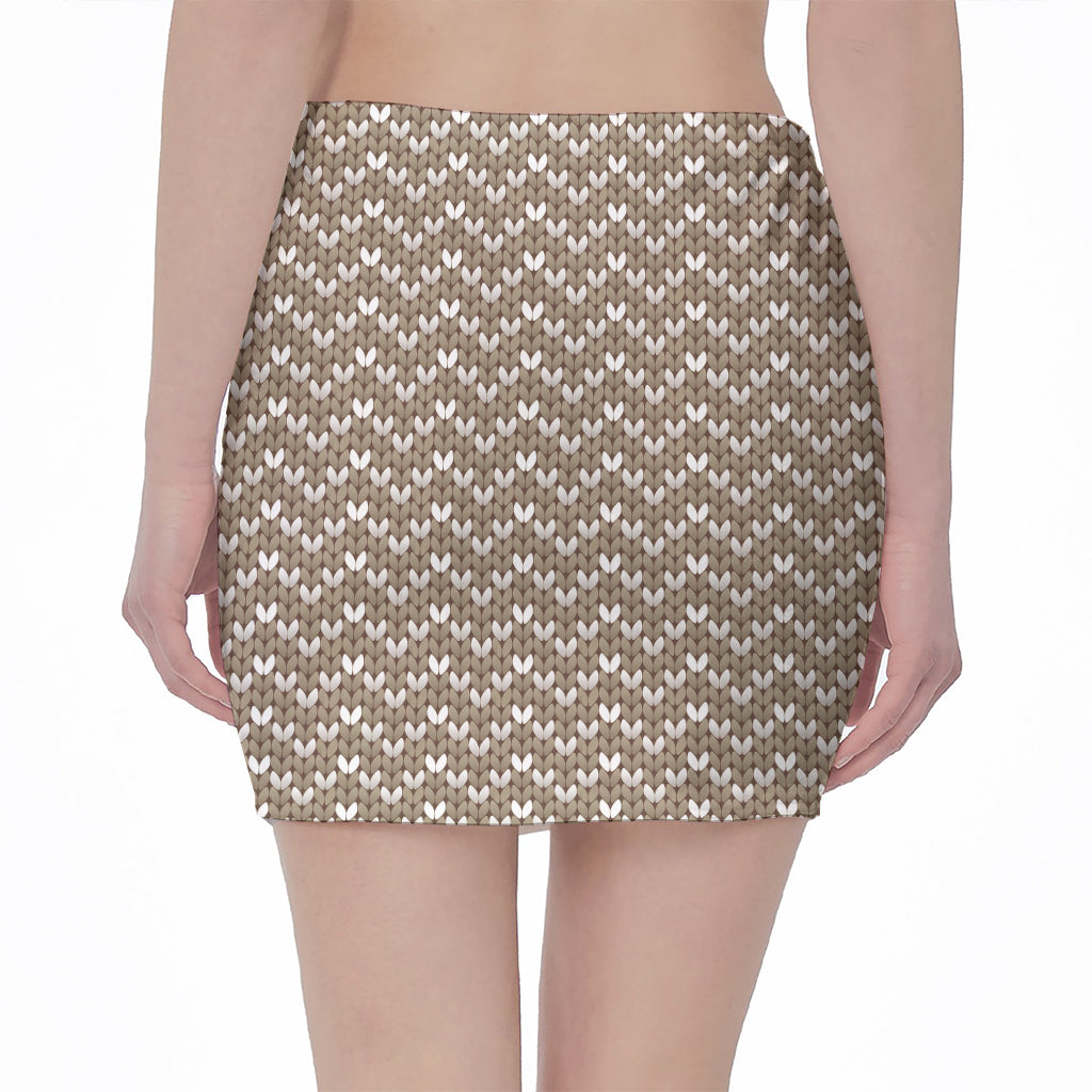 Beige And White Knitted Pattern Print Pencil Mini Skirt