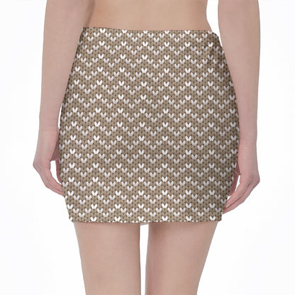 Beige And White Knitted Pattern Print Pencil Mini Skirt
