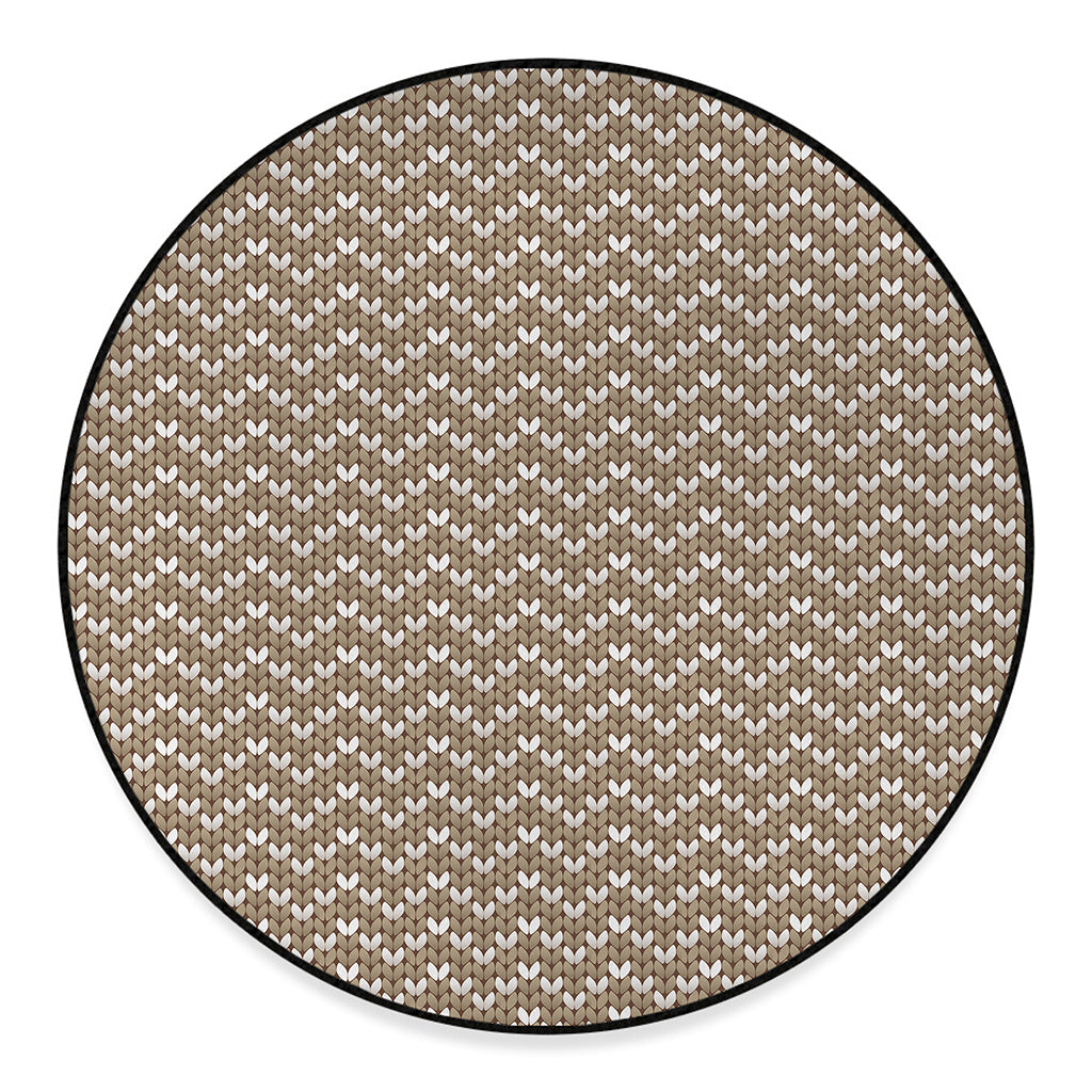Beige And White Knitted Pattern Print Round Floor Mat
