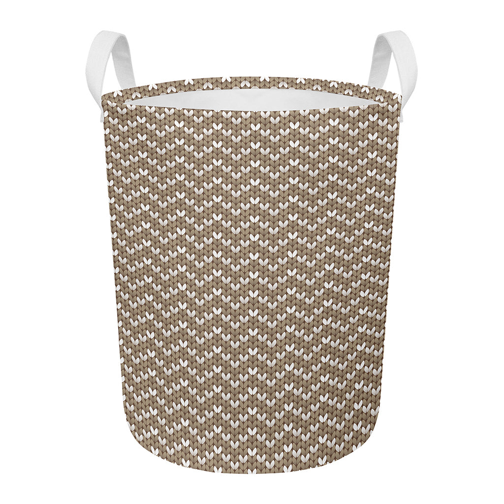 Beige And White Knitted Pattern Print Round Laundry Basket