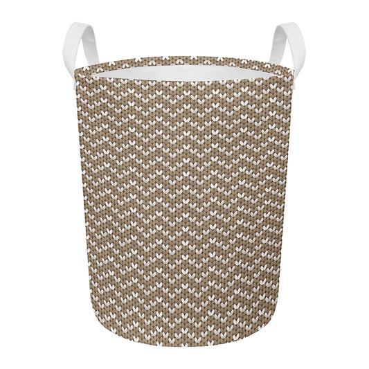 Beige And White Knitted Pattern Print Round Laundry Basket