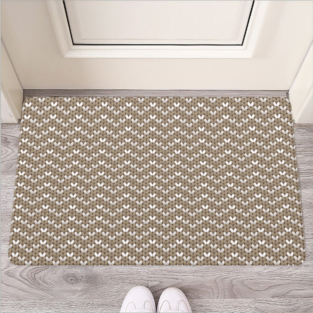 Beige And White Knitted Pattern Print Rubber Doormat