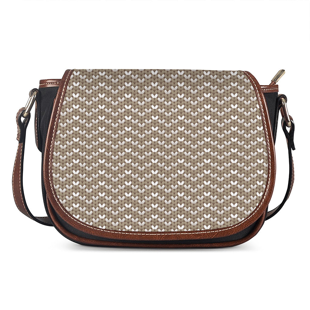 Beige And White Knitted Pattern Print Saddle Bag