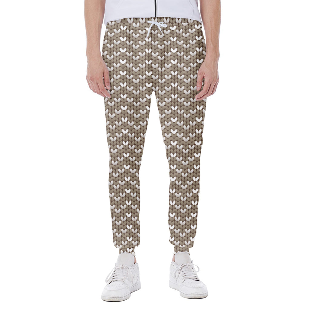 Beige And White Knitted Pattern Print Scuba Joggers
