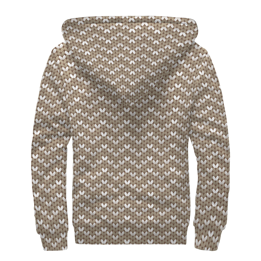 Beige And White Knitted Pattern Print Sherpa Lined Zip Up Hoodie