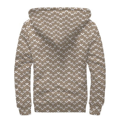 Beige And White Knitted Pattern Print Sherpa Lined Zip Up Hoodie