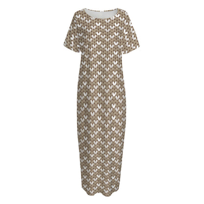 Beige And White Knitted Pattern Print Short Sleeve Long Nightdress