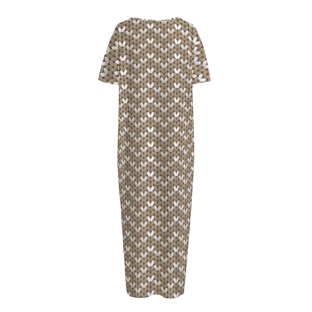 Beige And White Knitted Pattern Print Short Sleeve Long Nightdress