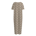 Beige And White Knitted Pattern Print Short Sleeve Long Nightdress