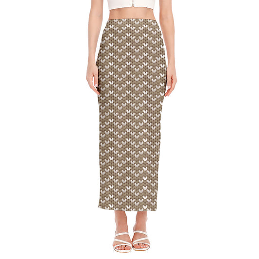 Beige And White Knitted Pattern Print Side Slit Maxi Skirt