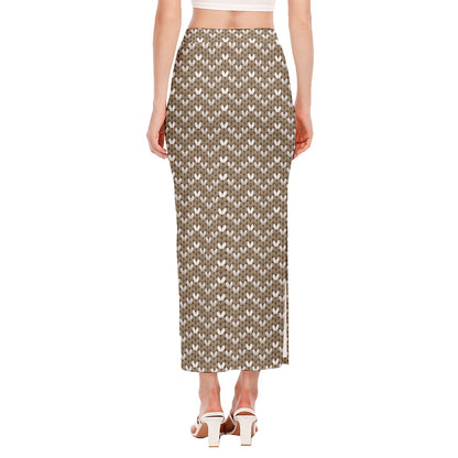 Beige And White Knitted Pattern Print Side Slit Maxi Skirt