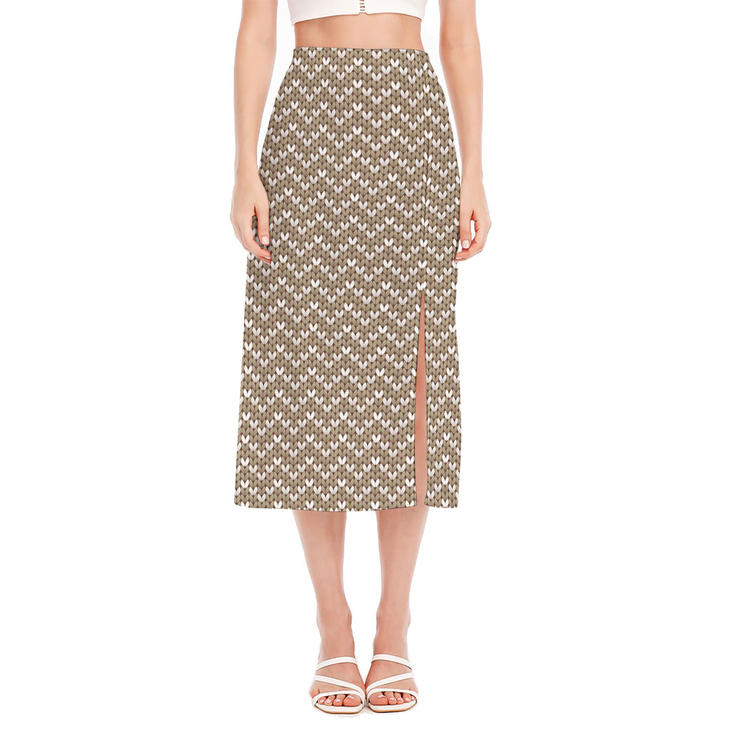 Beige And White Knitted Pattern Print Side Slit Midi Skirt