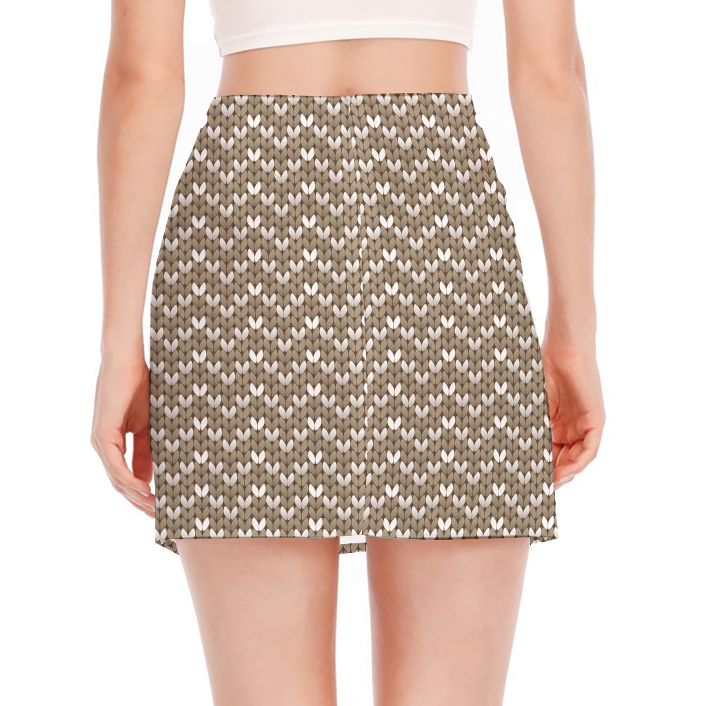 Beige And White Knitted Pattern Print Side Slit Mini Skirt