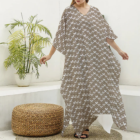Beige And White Knitted Pattern Print Silk V-Neck Kaftan Dress