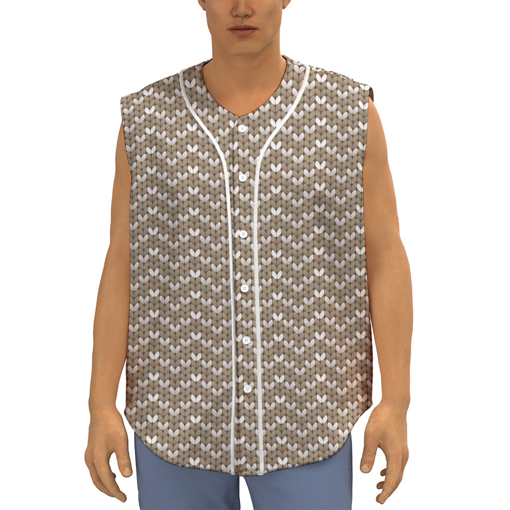 Beige And White Knitted Pattern Print Sleeveless Baseball Jersey