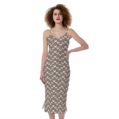 Beige And White Knitted Pattern Print Slim Fit Midi Cami Dress
