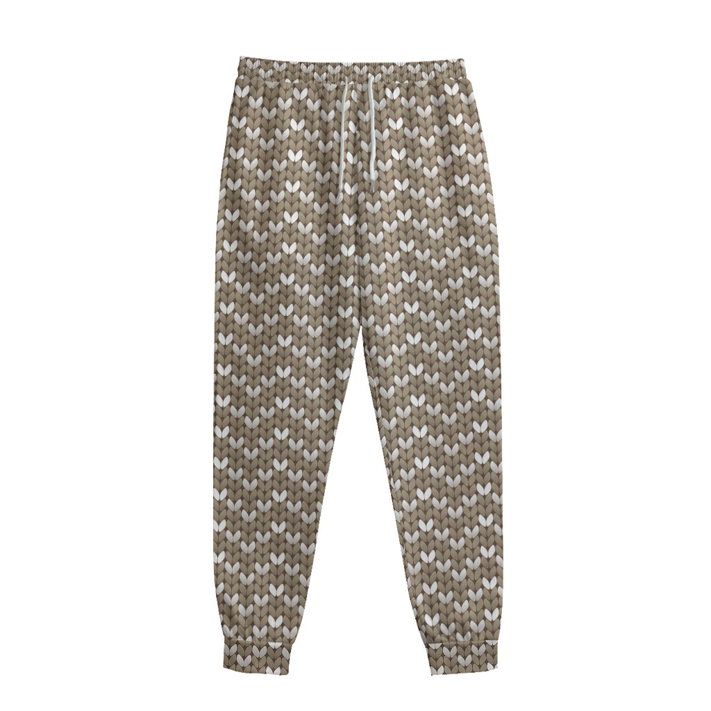 Beige And White Knitted Pattern Print Sweatpants