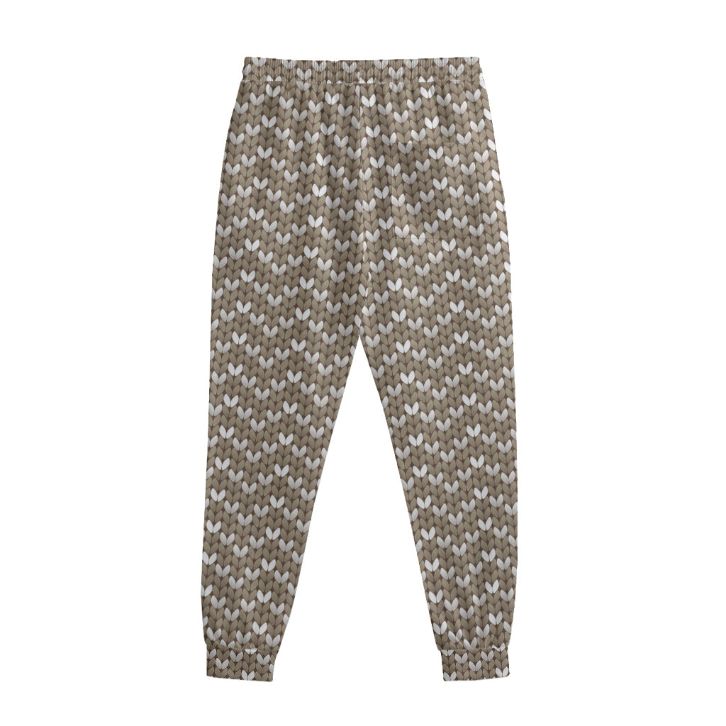 Beige And White Knitted Pattern Print Sweatpants