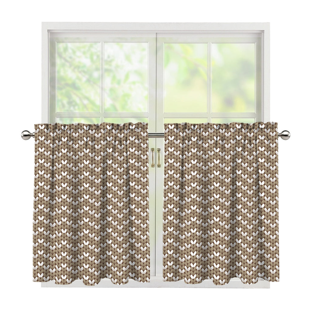 Beige And White Knitted Pattern Print Tier Curtains