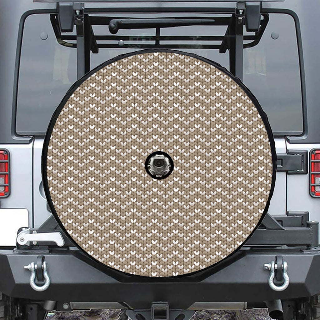 Beige And White Knitted Pattern Print Tire Cover With Camera Hole