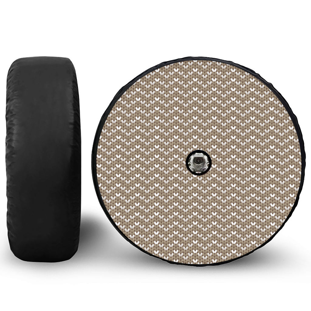 Beige And White Knitted Pattern Print Tire Cover With Camera Hole